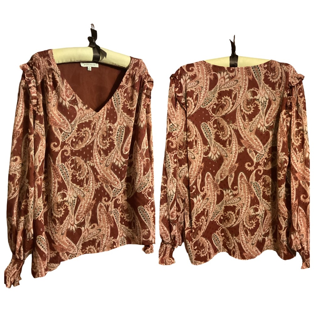 🍁 Rose + Olive Burgundy/Pink Paisley V-Neck Blouse Size XL